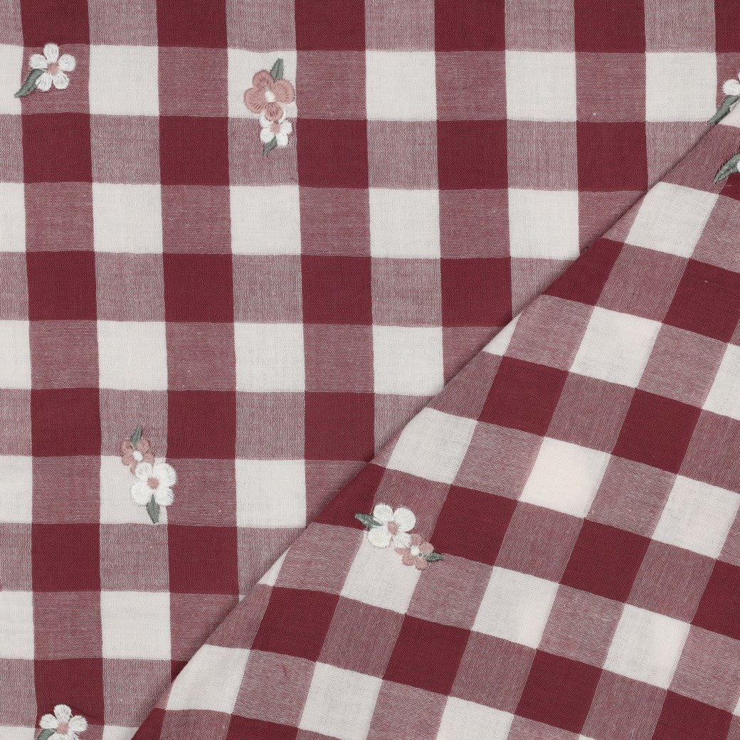 Double Gauze Embroidered Flower Checkered 'Rose'