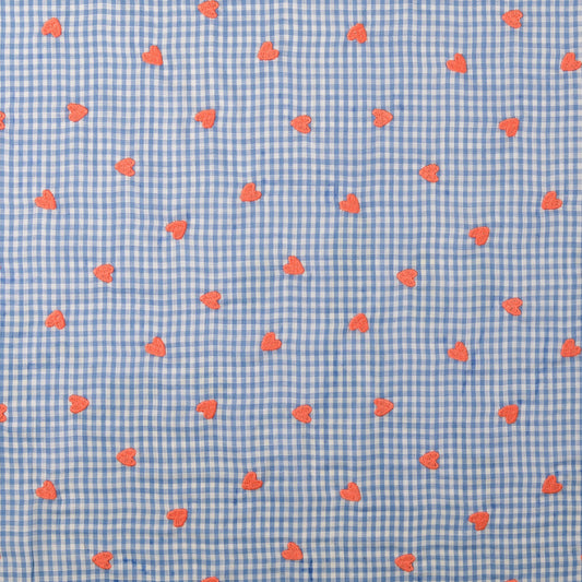 Gewebter Stoff Stickerei Herz Kariert 'Blue'
