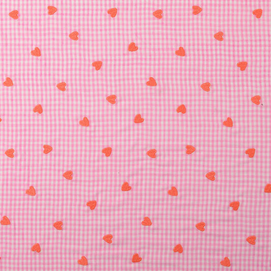 Gewebter Stoff Stickerei Herz Kariert 'Pink'