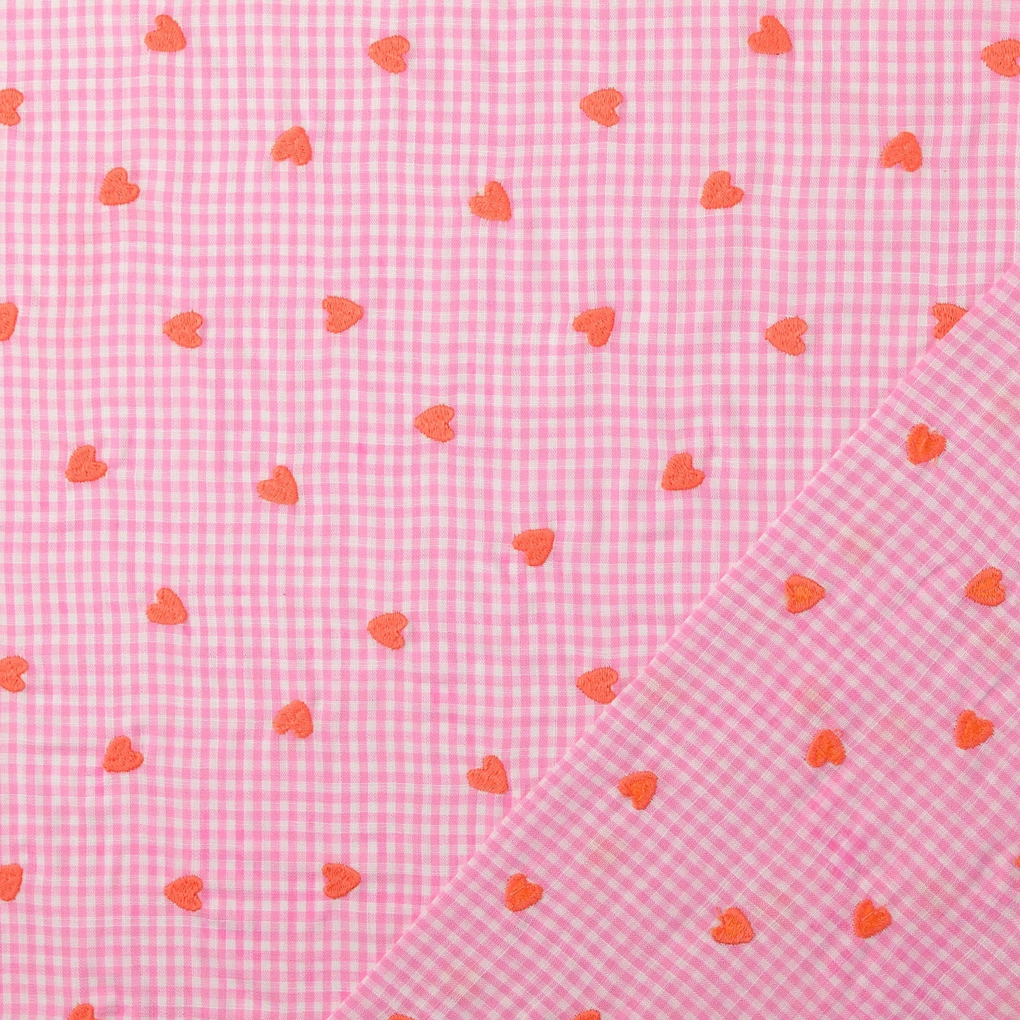 Gewebter Stoff Stickerei Herz Kariert 'Pink'