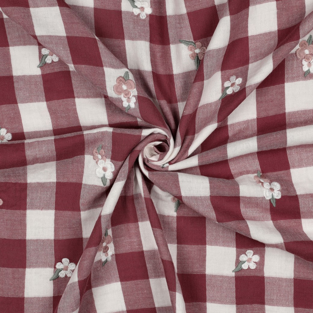 Double Gauze Embroidered Flower Checkered 'Rose'