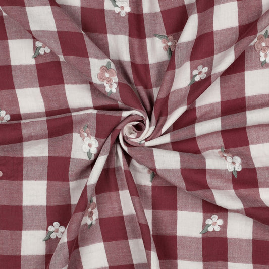 Muslin Broderad Blomma Rutig 'Rose'