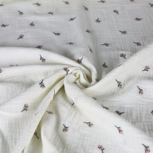 Muslin Broderad Blomma 'Creme'