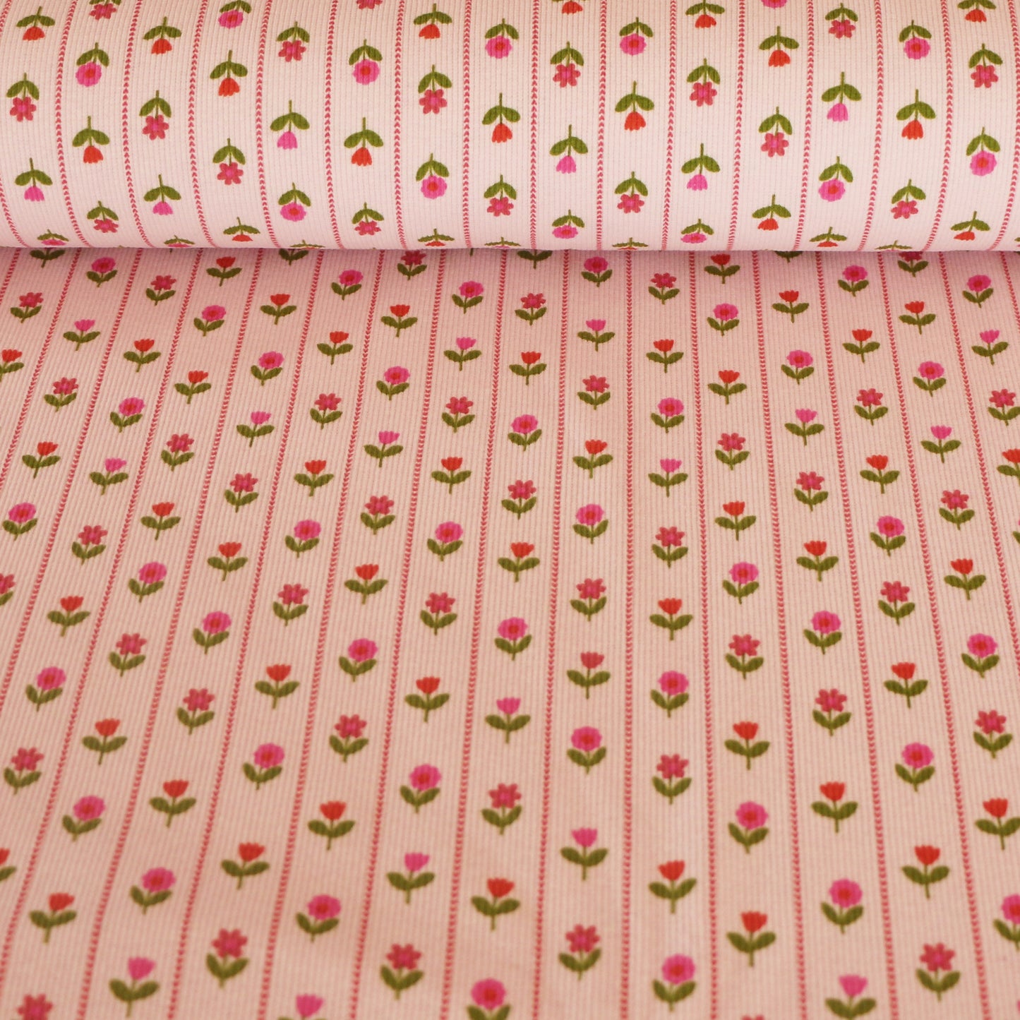 Ribbad Trikå Blomma Randig 'Light Pink'