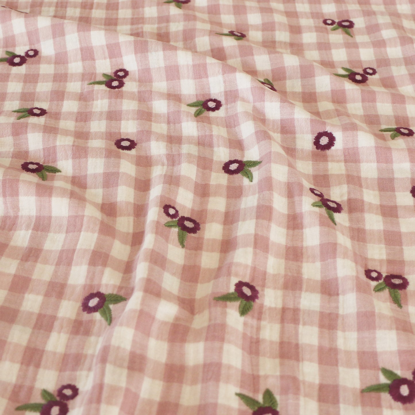 Double Gauze Embroidered Flower Checkered 'Rose'