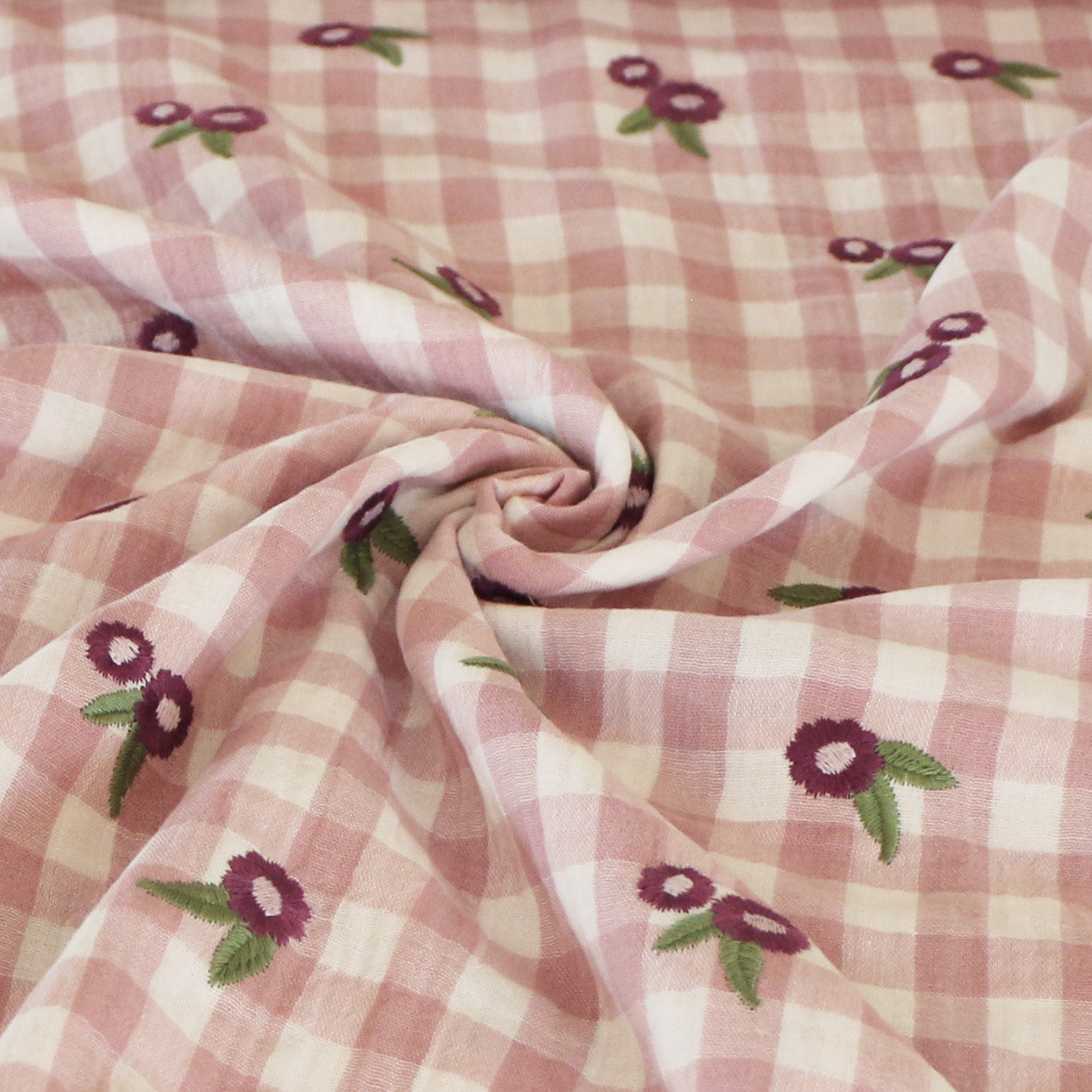 Double Gauze Embroidered Flower Checkered 'Rose'